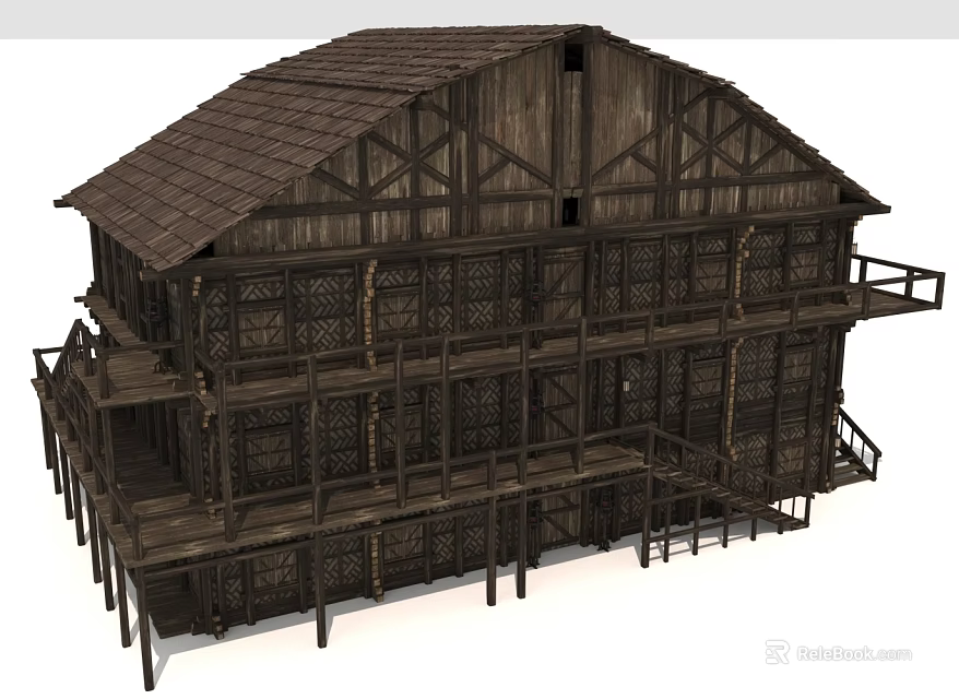 Traditional Two Story Wooden House With Brown Tile Roof And Balcony 3d model 