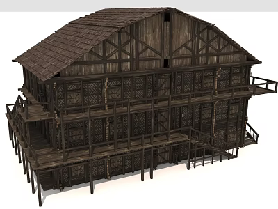 Traditional Two Story Wooden House With Brown Tile Roof And Balcony 3d model