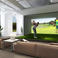 Entertainment Room with Golf Simulator Large Projection Screen Comfortable Sofa and Green Plants 3d model