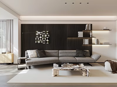 Modern Minimalist Living And Dining Room With Comfortable Grey Sofa And Exquisite Marble Coffee Table 3d model