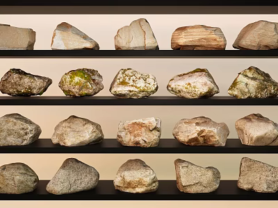 Garden Landscape Decorative Natural Stones Displayed on Shelves with Various Textures 3d model