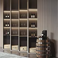 Modern Wine Cabinet With Open Shelves Holding Wine Bottles Glasses And Wooden Barrel