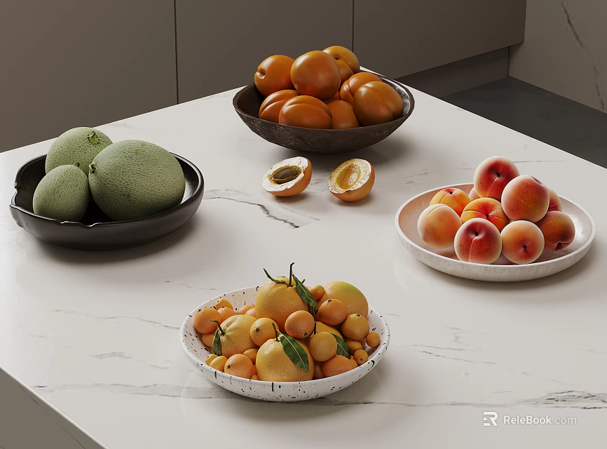 Ripe Fresh Fruits Including Peaches Oranges and Melon in Ceramic Bowls on Marble Countertop 3d model 