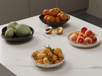 Ripe Fresh Fruits Including Peaches Oranges and Melon in Ceramic Bowls on Marble Countertop 3d model