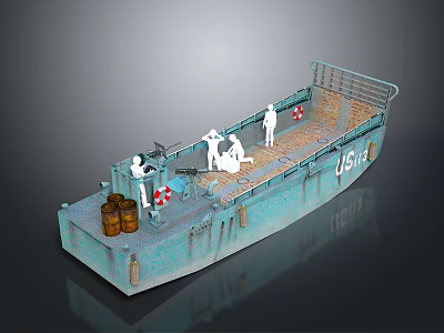 Detailed Blue Hull Model Boat With Figures Wooden Barrels Lifebuoy And Wooden Deck 3d model