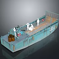 Detailed Blue Hull Model Boat With Figures Wooden Barrels Lifebuoy And Wooden Deck