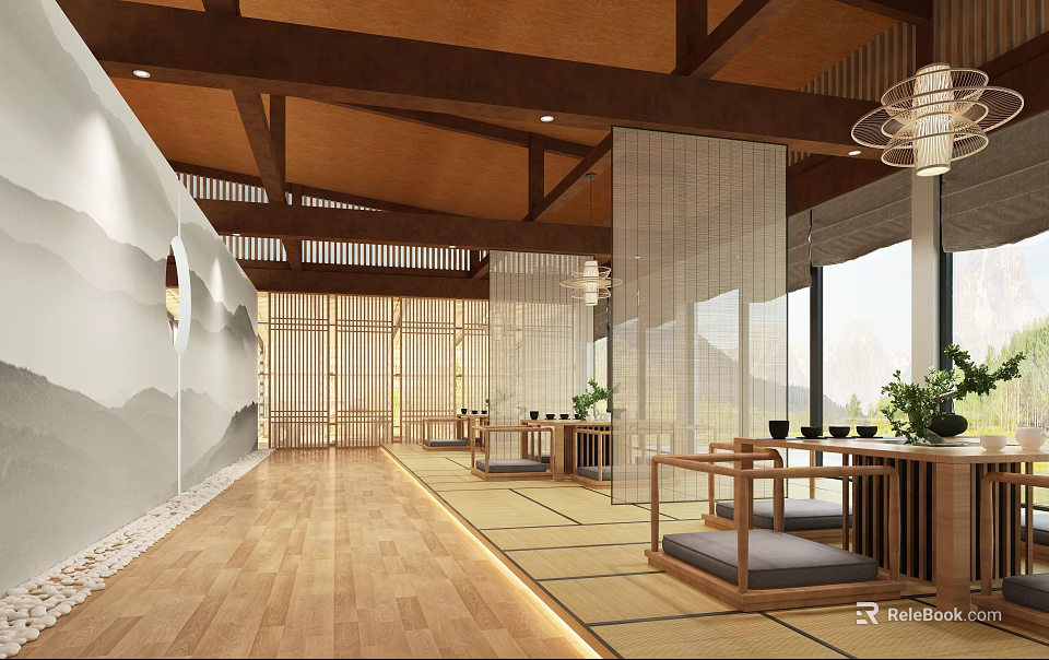 Traditional Teahouse Interior Design With Wooden Ceiling Screens Tatami Seating And Green Plants 3d model 