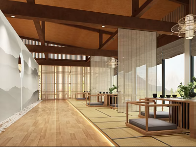 Traditional Teahouse Interior Design With Wooden Ceiling Screens Tatami Seating And Green Plants 3d model