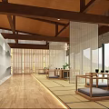Traditional Teahouse Interior Design With Wooden Ceiling Screens Tatami Seating And Green Plants