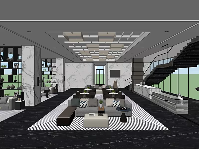 Modern Lounge Area Interior With Marble Walls Sofas Patterned Carpet And Staircase 3d model