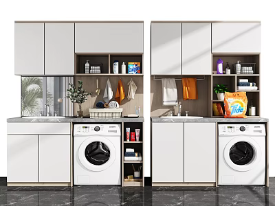 Modern Bathroom Cabinet Rack With White Cabinets Washing Machine Sink Storage Shelves And Toiletries 3d model