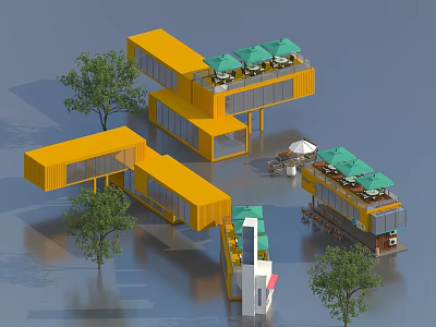 Yellow Modular Container Building With Green Umbrellas Tables Chairs Surrounded By Trees 3d model