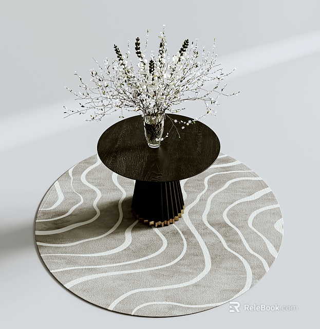 Modern Minimalist Console Table With Black Round Top And Floral Vase On Gray Wavy Rug 3d model 