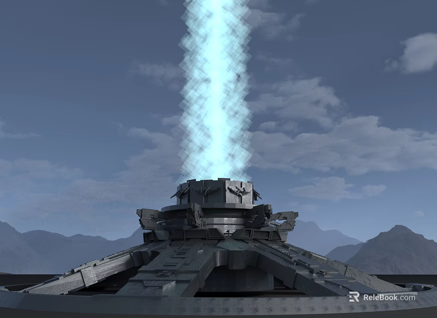 Cartoon Scene of Mechanical Device Firing Blue Beam Against Mountain And Cloudy Sky 3d model