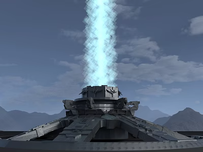 Cartoon Scene of Mechanical Device Firing Blue Beam Against Mountain And Cloudy Sky 3d model