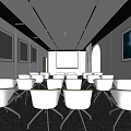 Modern Conference Room Interior With White Chairs Projection Screen And Framed Posters