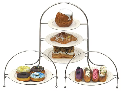 Assorted Desserts on Metal Stands with Donuts Pastries and Colorful Finger Cakes 3d model