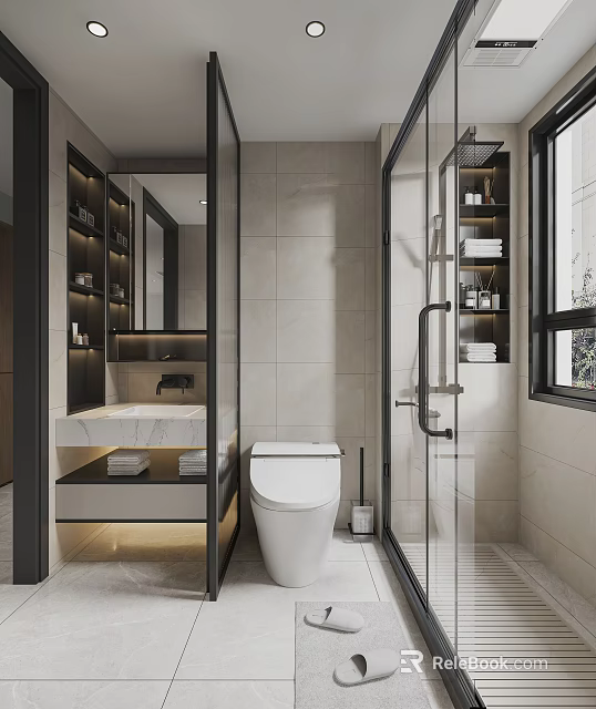 Modern Bathroom Interior Design With Glass Shower Sink Toilet Cabinets And Tile Walls 3d model 