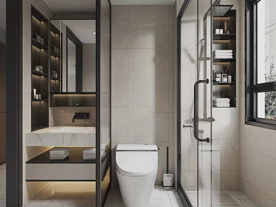 Modern Bathroom Interior Design With Glass Shower Sink Toilet Cabinets And Tile Walls 3d model