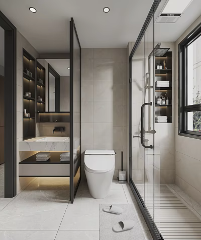 Modern Bathroom Interior Design With Glass Shower Sink Toilet Cabinets And Tile Walls 3d model