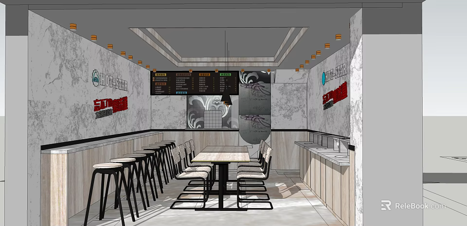 Modern Restaurant Interior Design With Open Layout Dining Tables Chairs And Menu Boards 3d model 