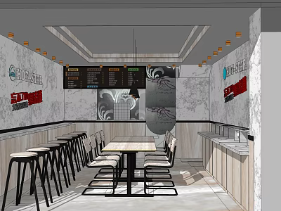 Modern Restaurant Interior Design With Open Layout Dining Tables Chairs And Menu Boards 3d model