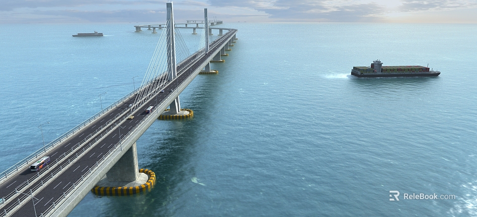 Cable Stayed Bridge Spanning Calm Blue Ocean With Multiple Lanes And Ship 3d model 