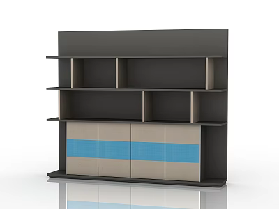 Public Office Space Storage Shelving Unit With Black Beige And Blue Striped Cabinets 3d model