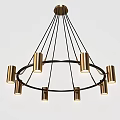 Modern Brass Chandelier With Circular Frame And Cylindrical Shades Black Hanging Cables For Contemporary Interior