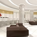 Spacious Bank Lobby With White And Beige Tones Reception Desk Sofas And Round Ceiling Lights 3d model
