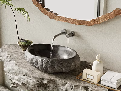 Natural Stone Washbasin with Wall-Mounted Faucet Wooden Frame Mirror and Green Plant in Light-Colored Bathroom 3d model