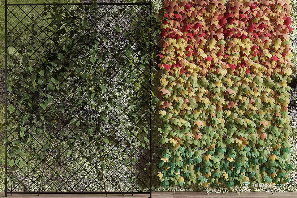 Decorative Green Plant Wall with Colorful Leaves and Grid Background Design for Decor 3d model 