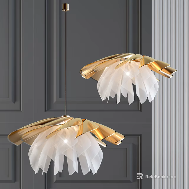 Elegant Gold White Petal Shaped Chandelier Hanging In Modern Interior Decor 3d model 