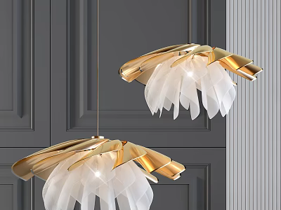 Elegant Gold White Petal Shaped Chandelier Hanging In Modern Interior Decor 3d model