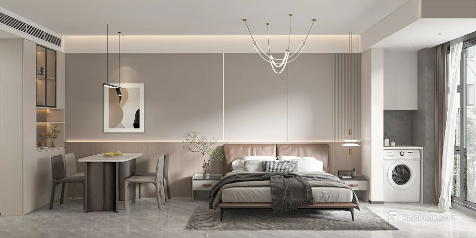 Modern Apartment Bedroom With Bed Nightstand Chandelier Dining Table Chairs Painting And Washing Machine 3d model 