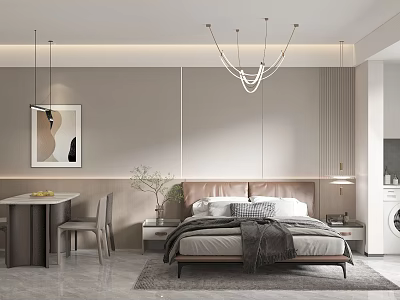 Modern Apartment Bedroom With Bed Nightstand Chandelier Dining Table Chairs Painting And Washing Machine 3d model
