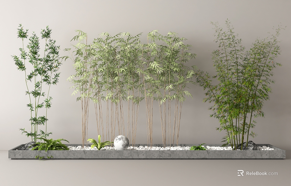 Bamboo Plants In Modern Garden Landscape With Stones And Greenery 3d model 