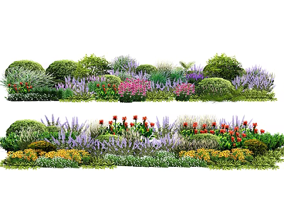 Garden Bushes With Colorful Red Purple Flowers And Green Foliage Plants 3d model