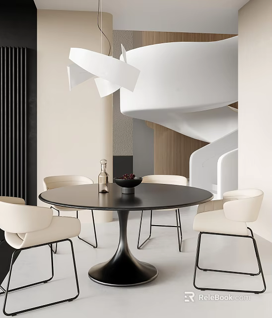 Modern Round Dining Table Set With White Chairs And Decorative Items 3d model 