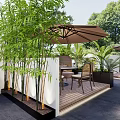 Modern Elegant Restaurant Exterior With White Walls Black Signage Green Plants And Umbrellas