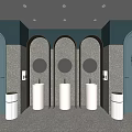 Modern Public Toilet Interior With Arched Doors Round Mirrors And Wash Basins
