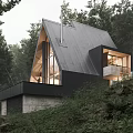 Modern Detached Villa With Sloped Roof And Large Windows On Wooded Hillside