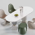 Modern Oval White Marble Dining Table Set With Green Beige Chairs And Vase Fruit Bowl