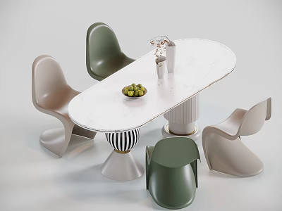 Modern Oval White Marble Dining Table Set With Green Beige Chairs And Vase Fruit Bowl 3d model