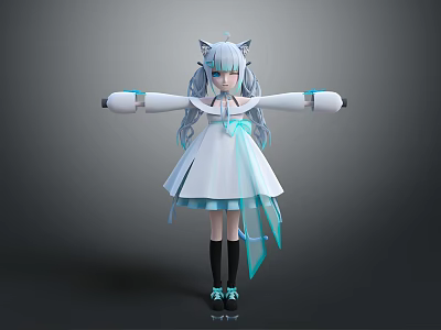 Anime Style Character With Cat Ears Long Blue Hair White Dress And Mechanical Arms 3d model
