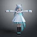Anime Style Character With Cat Ears Long Blue Hair White Dress And Mechanical Arms