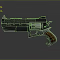 Futuristic Pistol with Metallic Body Wooden Grip and Detailed Structural Design Elements