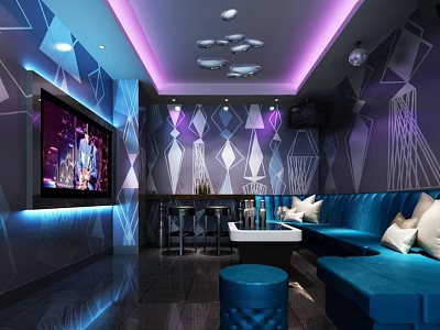 Modern KTV Interior With Colorful Lighting Blue Sofas And Geometric Wall Patterns 3d model