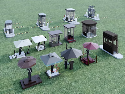 Various Styles Security Guard Booths With Umbrella Different Colors Shapes On Green Grass 3d model