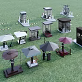 Various Styles Security Guard Booths With Umbrella Different Colors Shapes On Green Grass